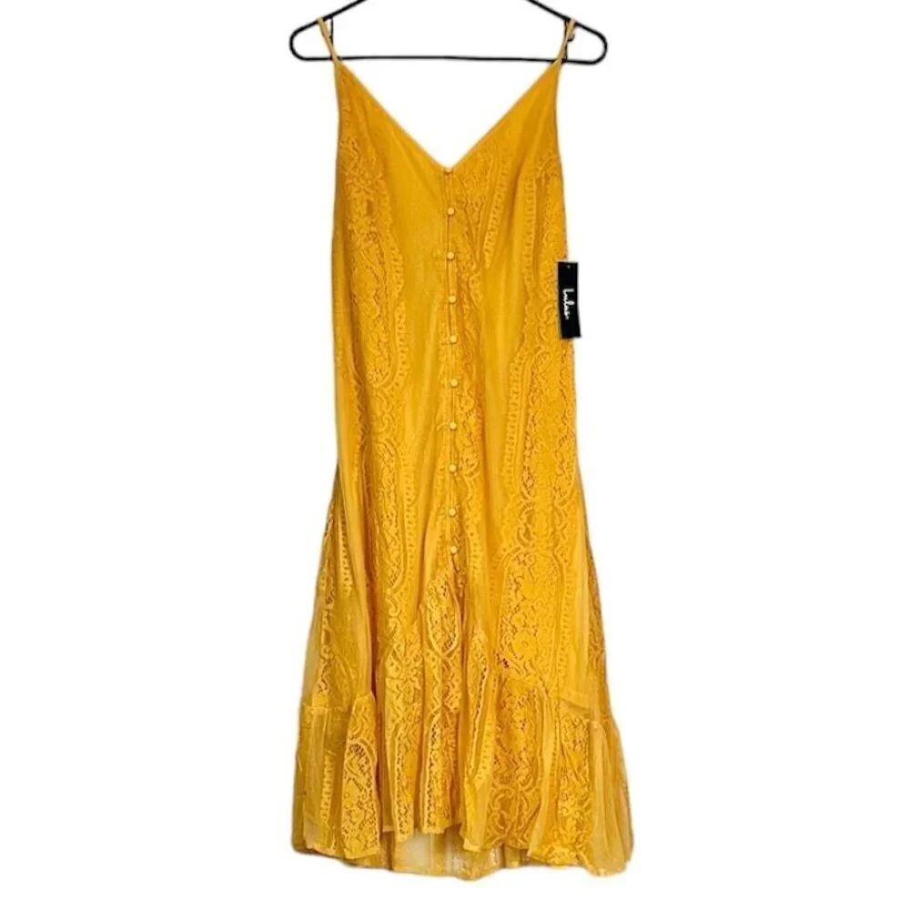 NWT Lulus Zahria Golden Yellow Lace Button Front Midi Dress - Size Large